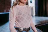 A Pretty in Pink 3D Print Plaid LS Mesh Top