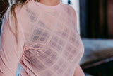 A Pretty in Pink 3D Print Plaid LS Mesh Top