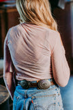 A Pretty in Pink 3D Print Plaid LS Mesh Top