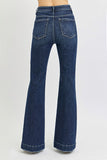 ELASTIC BAND HIGH RISE FLARE PATCH POCKET JEANS